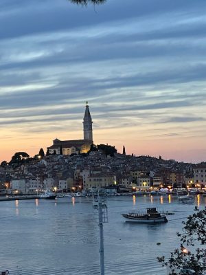 a small boat in a body of water with a city in the background