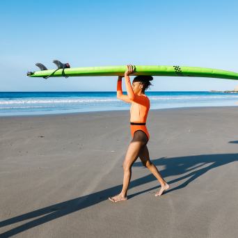 a woman standing on a beach
