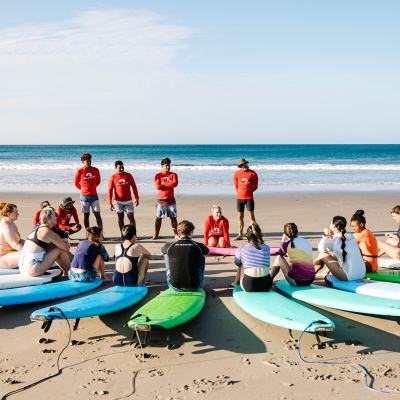 a group of people sitting at a beach