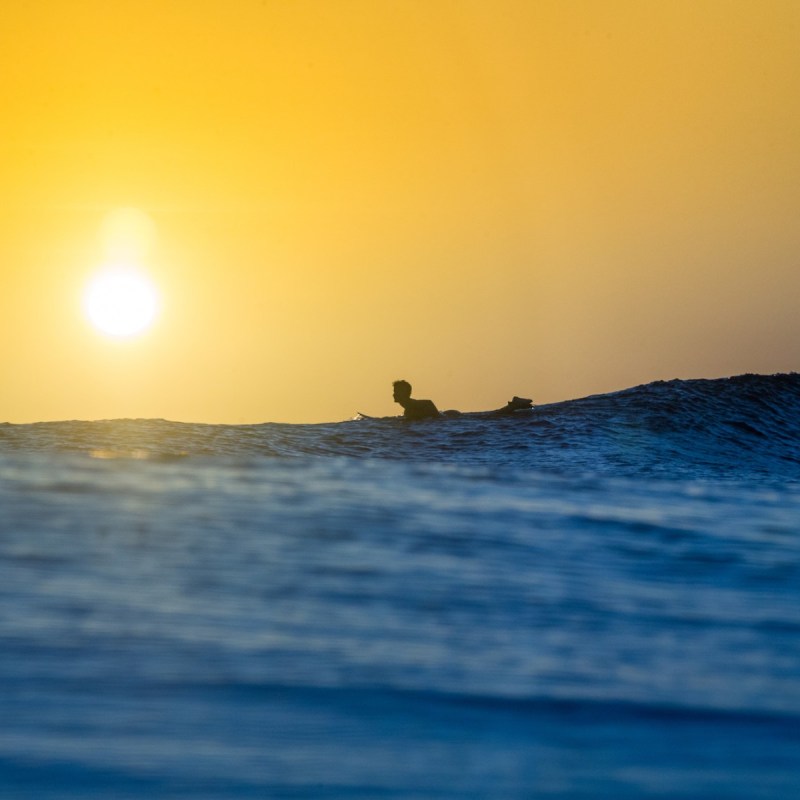 Silhouetted surfers on waves at sunset with a glowing orange sky.