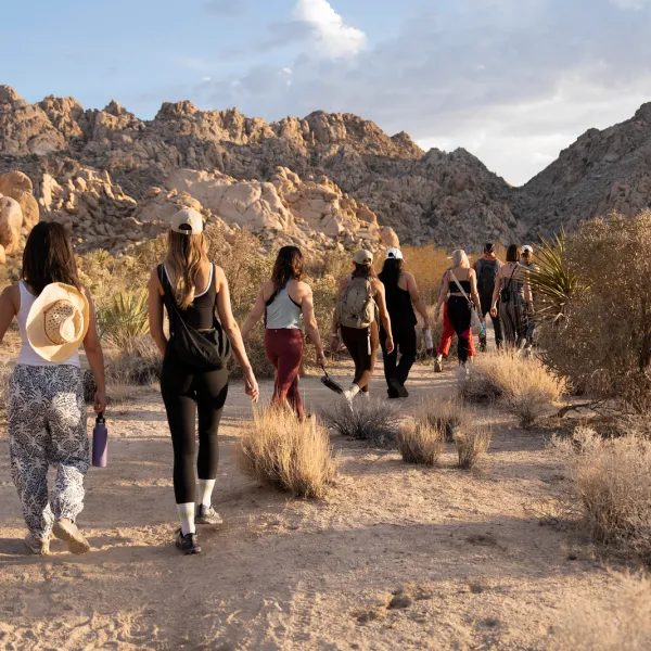Group of hikers walking on a desert trail with rocky mountains in the background.