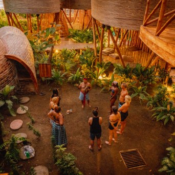 Group standing in circle, surrounded by plants and wooden structures at sunset.