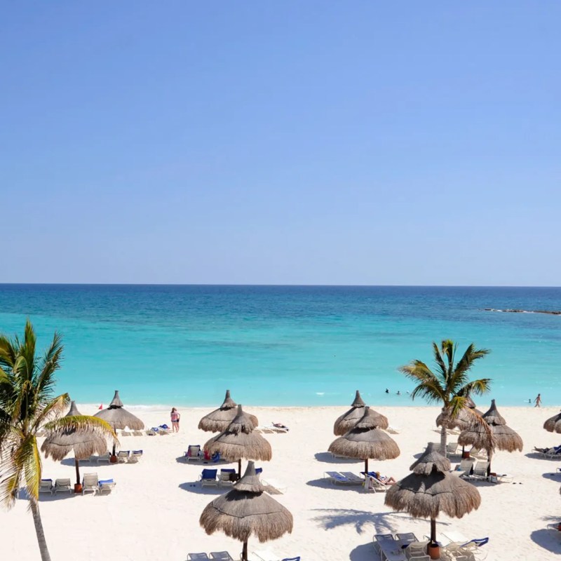 Beach with palm trees, umbrellas, and people relaxing by the turquoise ocean under a clear blue sky.