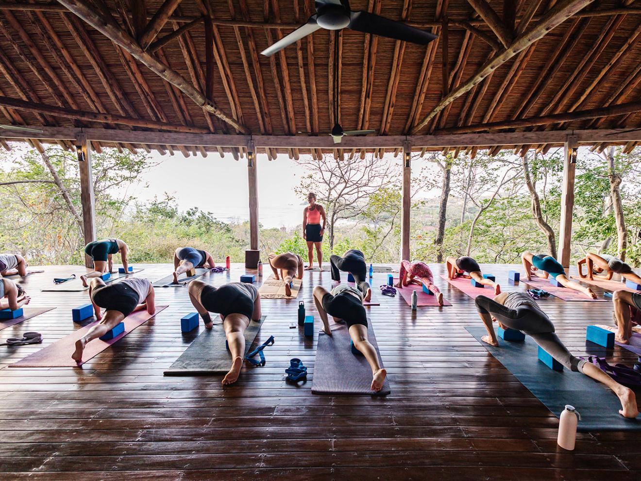 Yoga class in open-air pavilion with a wooden roof, participants stretching on mats with blocks.