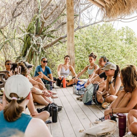 A group of people sitting in a circle on a wooden porch surrounded by trees.