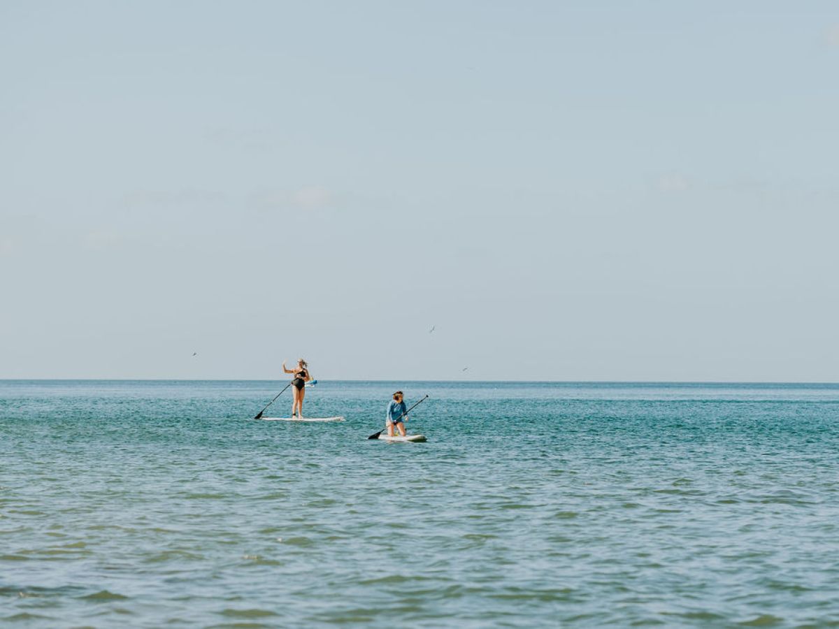 Two people paddleboarding on calm ocean waters under a clear sky.