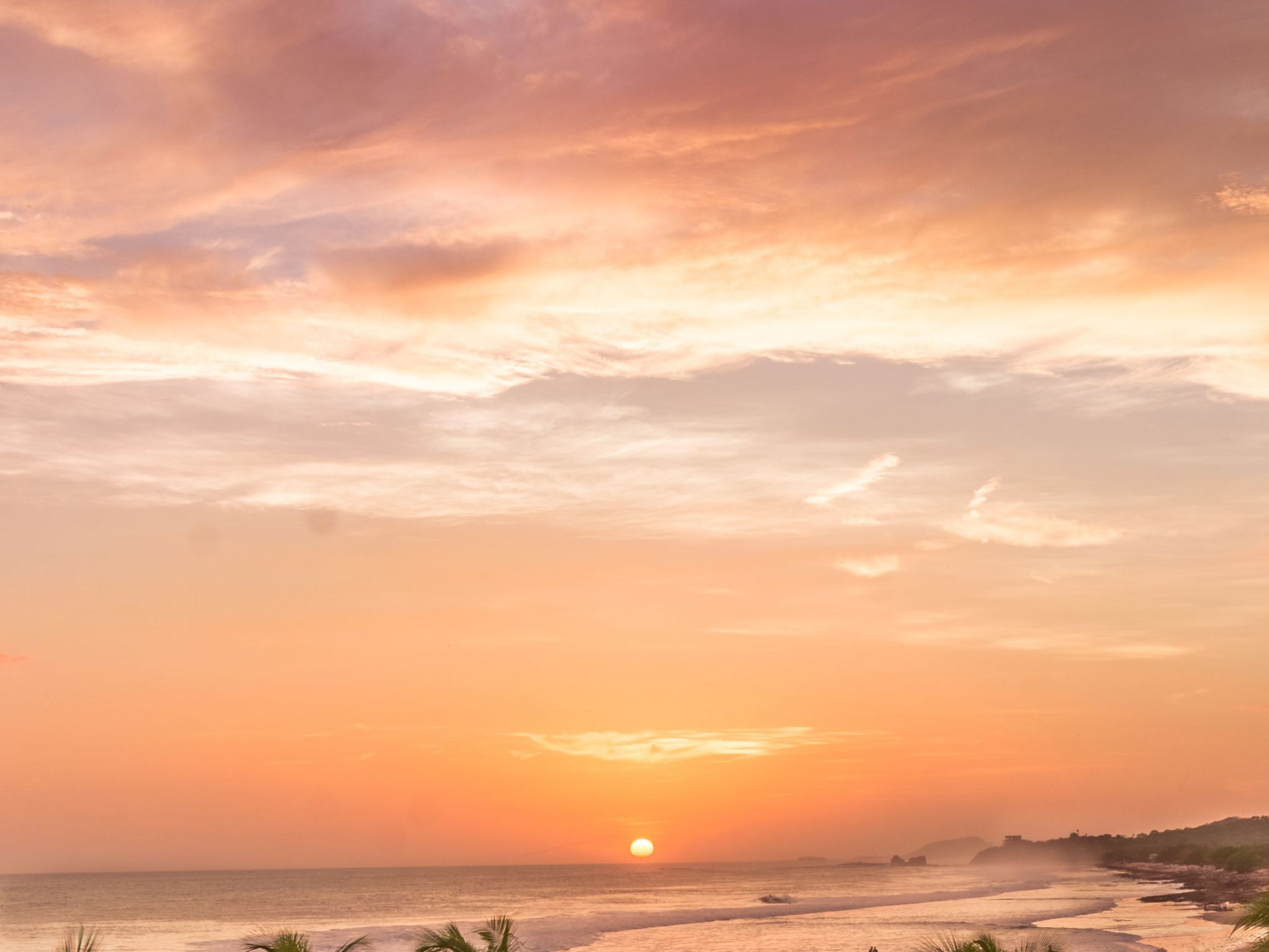 Sunset over beach with palm trees and colorful sky.