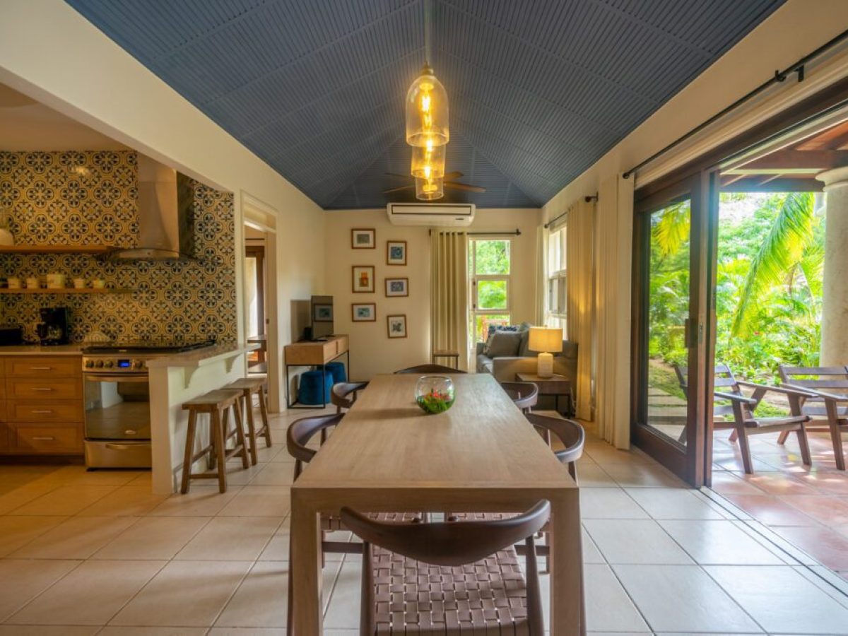Open-plan room with dining table, kitchen, and living area, opening to a patio with greenery.