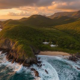Aerial view of a coastal landscape with lush green hills, beach, and ocean waves at sunset.