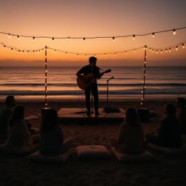 Person playing guitar on beach stage at sunset, surrounded by seated audience.