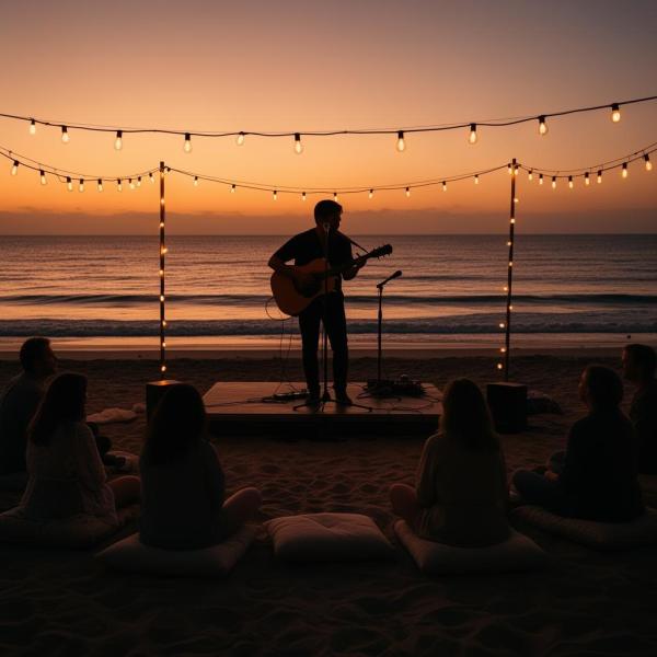 Person playing guitar on beach stage at sunset, surrounded by seated audience.