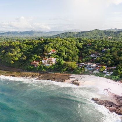 Aerial view of a forested coastline with houses and a sandy beach.