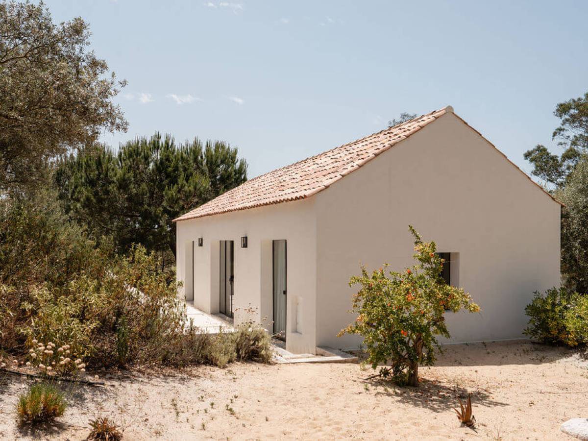 Small white cottage with red roof, surrounded by trees and shrubs.