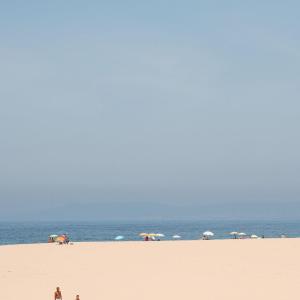 Two people walking on a vast sandy beach with umbrellas and sea in the background.