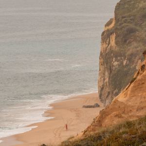 Person fishing on a sandy beach beneath large cliffs, with waves gently hitting the shore.