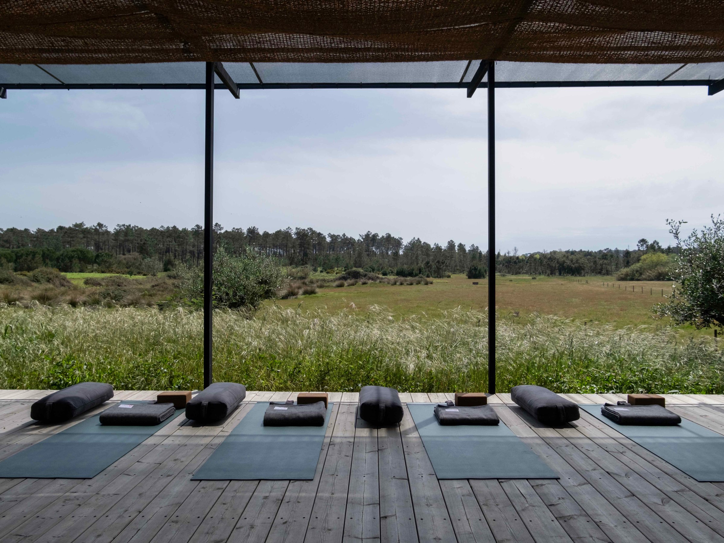 Outdoor yoga space with mats and bolsters overlooking a grassy field.
